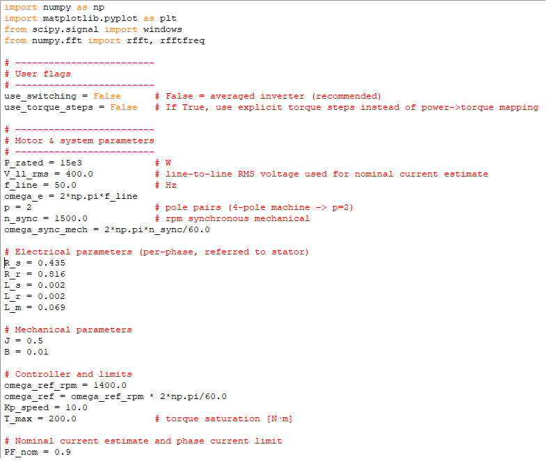 Figure 01: Python code for motor parameters, electrical, mechanical parameters