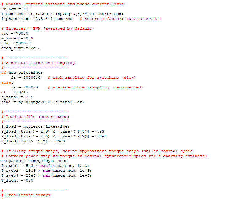 Figure 02: Python code for motor parameters, electrical, mechanical parameters